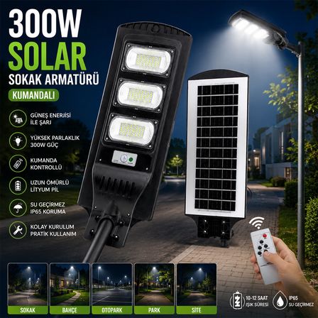 300W - 6500K SOLAR - GÜNEŞ ENERJİLİ SOKAK LAMBASI - ARMATÜR SENSÖRLÜ BAHÇE-BALKON-SOKAK ARS-348966 (4887)