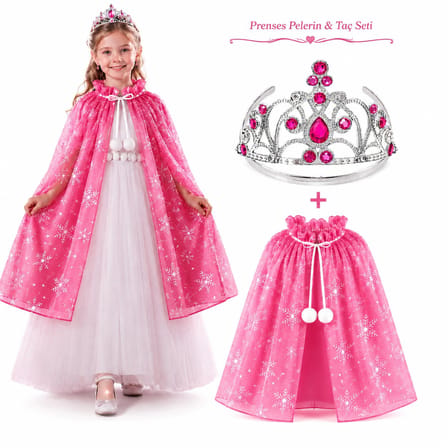 Masal Prensesi Pembe Pelerin ve Taç Seti (85 cm) (4887)