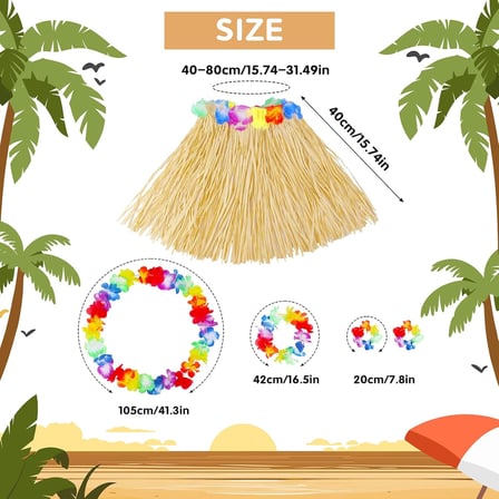 Yetişkin Çocuk Hawaii Parti Seti - 40 cm Naturel Etek + Çiçek Aksesuarlar (5 Parça) (4887)