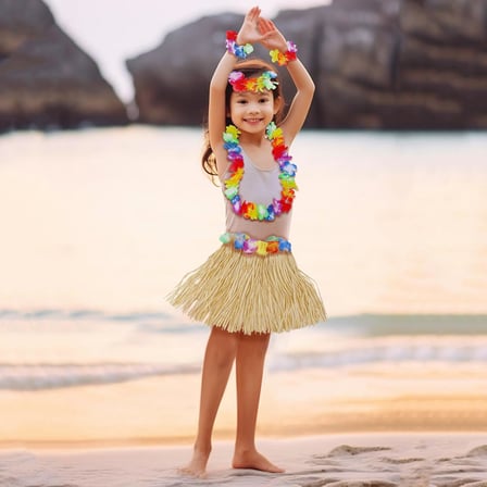 Yetişkin Çocuk Hawaii Parti Seti - 40 cm Naturel Etek + Çiçek Aksesuarlar (5 Parça) (4887)