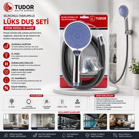 MİLANO VAKUMLU - SİLİKON LÜKS DUŞ SETİ DUŞ BAŞLIK=MİX SİLİKON HORTUM=1.5MT MAFSAL=3 KADEME (4887)