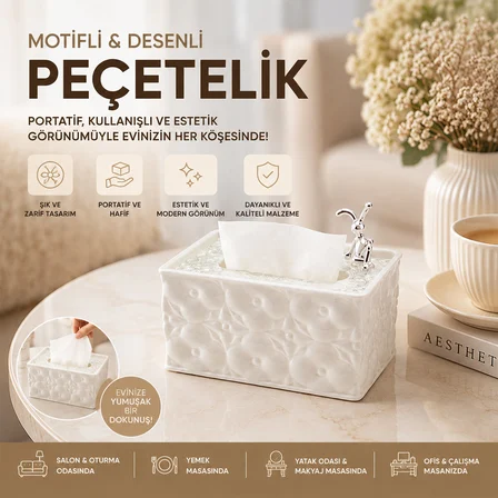 18.4X12.5X9CM BEYAZ YAYLI MASAÜSTÜ DEKORATİF DİKDÖRTGEN PEÇETELİK (4887)