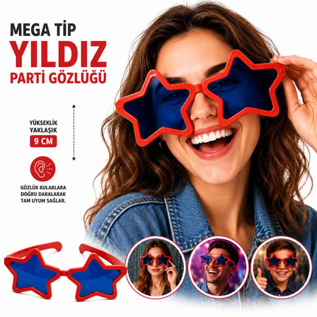 Mega Tip Yıldız Parti Gözlüğü Kırmızı Renk (4887)