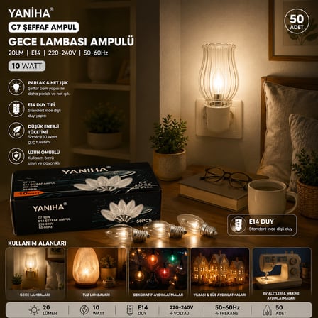 50 ADET ŞEFFAF GECE LAMBASI AMPUL E14 - 10W C7 (4887)
