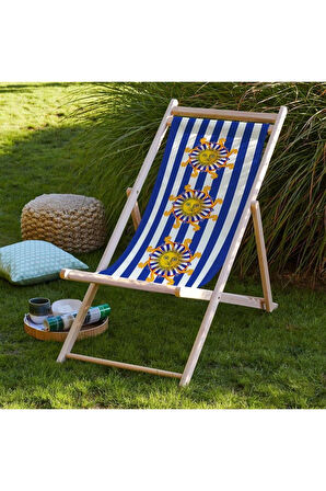 Mavi Çizgili Katlanır Şezlong (Ahşap Fırınlanmış Gürgen Ağacı, Süet Kumaş)