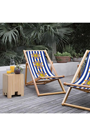 Mavi Çizgili Katlanır Şezlong (Ahşap Fırınlanmış Gürgen Ağacı, Süet Kumaş)