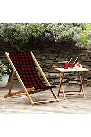 Kırmızı Kareli Katlanır Şezlong (Ahşap Fırınlanmış Gürgen Ağacı, Süet Kumaş)