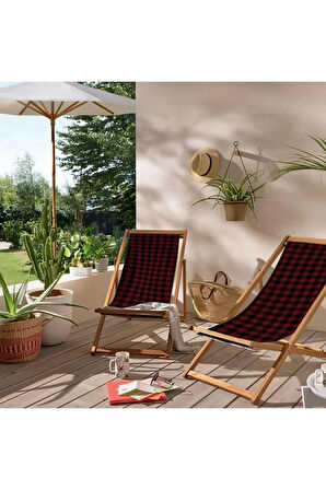 Kırmızı Kareli Katlanır Şezlong (Ahşap Fırınlanmış Gürgen Ağacı, Süet Kumaş)