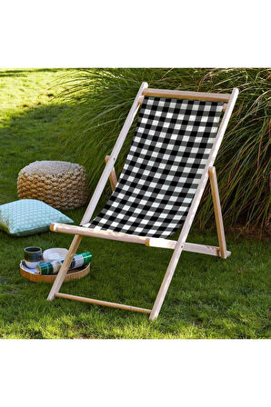 Black - White Katlanır Şezlong (Ahşap Fırınlanmış Gürgen Ağacı, Süet Kumaş)