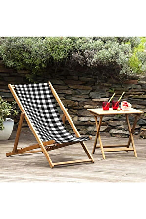 Black - White Katlanır Şezlong (Ahşap Fırınlanmış Gürgen Ağacı, Süet Kumaş)