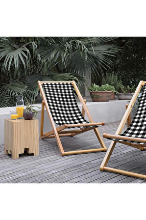 Black - White Katlanır Şezlong (Ahşap Fırınlanmış Gürgen Ağacı, Süet Kumaş)