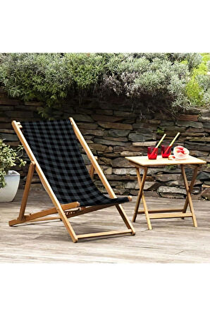 Gri Kareli Katlanır Şezlong (Ahşap Fırınlanmış Gürgen Ağacı, Süet Kumaş)