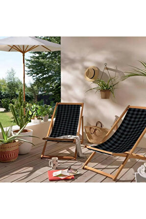 Gri Kareli Katlanır Şezlong (Ahşap Fırınlanmış Gürgen Ağacı, Süet Kumaş)