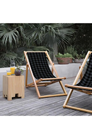 Gri Kareli Katlanır Şezlong (Ahşap Fırınlanmış Gürgen Ağacı, Süet Kumaş)