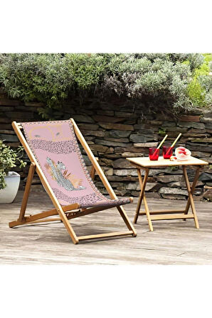 Pembe Leopar Tasarımlı Katlanır Şezlong (Ahşap Fırınlanmış Gürgen Ağacı, Süet Kumaş)