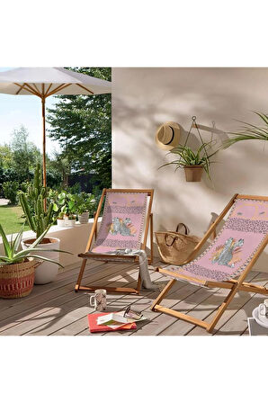 Pembe Leopar Tasarımlı Katlanır Şezlong (Ahşap Fırınlanmış Gürgen Ağacı, Süet Kumaş)