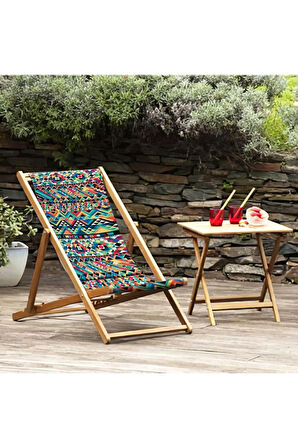Etnik Desen Katlanır Şezlong (Ahşap Fırınlanmış Gürgen Ağacı, Süet Kumaş)
