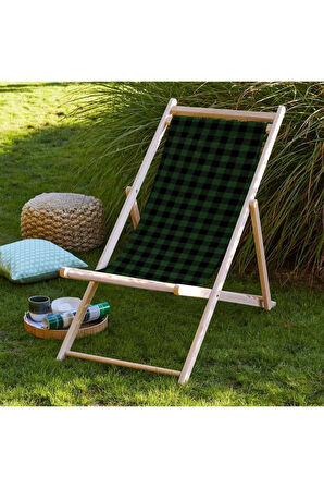 Yeşil Kareli Katlanır Şezlong (Ahşap Fırınlanmış Gürgen Ağacı, Süet Kumaş)