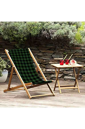 Yeşil Kareli Katlanır Şezlong (Ahşap Fırınlanmış Gürgen Ağacı, Süet Kumaş)