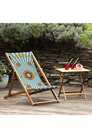 Mavi Renkli Katlanır Şezlong (Ahşap Fırınlanmış Gürgen Ağacı, Süet Kumaş)