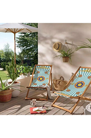 Mavi Renkli Katlanır Şezlong (Ahşap Fırınlanmış Gürgen Ağacı, Süet Kumaş)