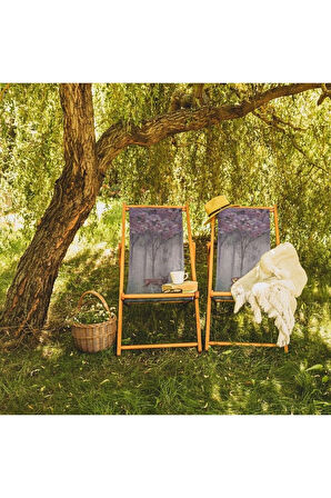 Purple Mini Flowers And Gazels Şezlong Fırınlanmış Gürgen Ağacı Süet Kumaş