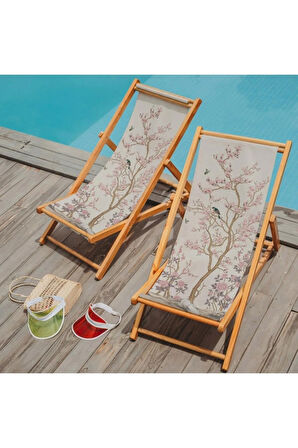 Pembe Çiçek Tasarımlı Katlanır Şezlong (Ahşap Fırınlanmış Gürgen Ağacı, Süet Kumaş)