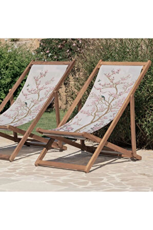 Pembe Çiçek Tasarımlı Katlanır Şezlong (Ahşap Fırınlanmış Gürgen Ağacı, Süet Kumaş)