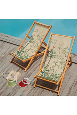 Renkli Çiçek Tasarımlı Katlanır Şezlong (Ahşap Fırınlanmış Gürgen Ağacı, Süet Kumaş)