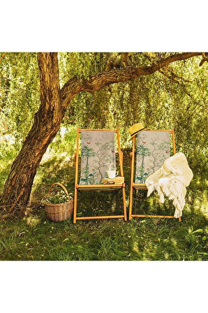 Renkli Çiçek Tasarımlı Katlanır Şezlong (Ahşap Fırınlanmış Gürgen Ağacı, Süet Kumaş)