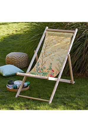 Renkli Çiçek Detaylı Katlanır Şezlong (Ahşap Fırınlanmış Gürgen Ağacı, Süet Kumaş)