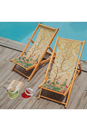 Renkli Çiçek Detaylı Katlanır Şezlong (Ahşap Fırınlanmış Gürgen Ağacı, Süet Kumaş)