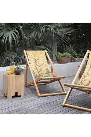 Renkli Çiçek Detaylı Katlanır Şezlong (Ahşap Fırınlanmış Gürgen Ağacı, Süet Kumaş)