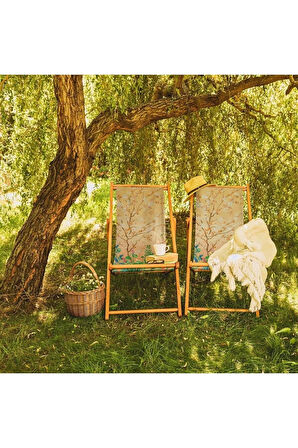 Renkli Çiçek Detaylı Katlanır Şezlong (Ahşap Fırınlanmış Gürgen Ağacı, Süet Kumaş)