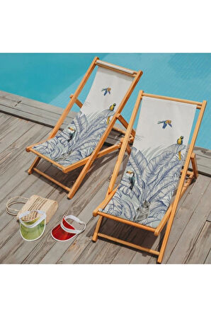 Renkli Kuş Detaylı Katlanır Şezlong (Ahşap Fırınlanmış Gürgen Ağacı, Süet Kumaş)