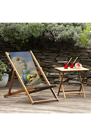 Papağan Tasarımlı Katlanır Şezlong (Ahşap Fırınlanmış Gürgen Ağacı, Süet Kumaş)