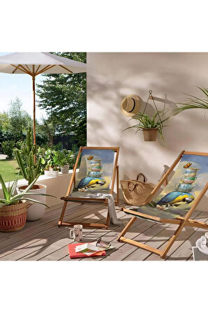 Papağan Tasarımlı Katlanır Şezlong (Ahşap Fırınlanmış Gürgen Ağacı, Süet Kumaş)