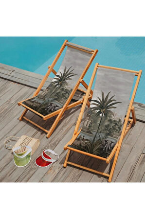 Renkli Manzara Tasarımlı Katlanır Şezlong (Ahşap Fırınlanmış Gürgen Ağacı, Süet Kumaş)