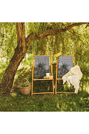 Renkli Manzara Tasarımlı Katlanır Şezlong (Ahşap Fırınlanmış Gürgen Ağacı, Süet Kumaş)