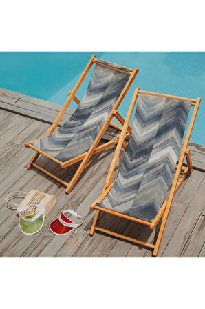 Mavi Geometrik Katlanır Şezlong (Ahşap Fırınlanmış Gürgen Ağacı, Süet Kumaş)