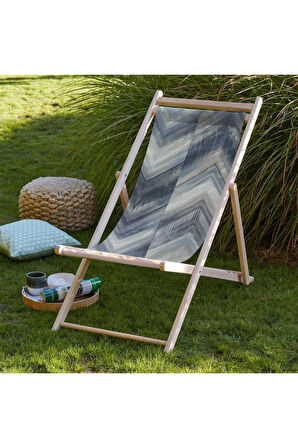 Mavi Geometrik Katlanır Şezlong (Ahşap Fırınlanmış Gürgen Ağacı, Süet Kumaş)