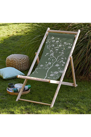 Yeşil Çiçek Tasarımlı Katlanır Şezlong (Ahşap Fırınlanmış Gürgen Ağacı, Süet Kumaş)