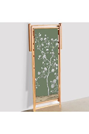 Yeşil Çiçek Tasarımlı Katlanır Şezlong (Ahşap Fırınlanmış Gürgen Ağacı, Süet Kumaş)