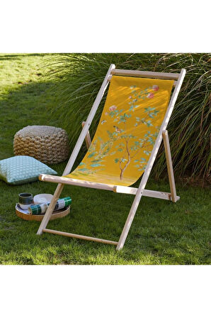 Sarı Çiçek Tasarımlı Katlanır Şezlong (Ahşap Fırınlanmış Gürgen Ağacı, Süet Kumaş)