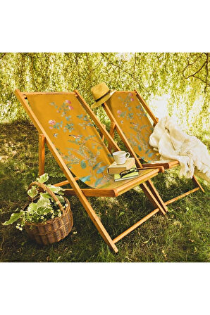 Sarı Çiçek Tasarımlı Katlanır Şezlong (Ahşap Fırınlanmış Gürgen Ağacı, Süet Kumaş)