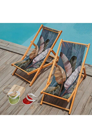 Tropikal Yaprak Tasarımlı Katlanır Şezlong (Ahşap Fırınlanmış Gürgen Ağacı, Süet Kumaş)