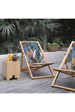 Tropikal Yaprak Tasarımlı Katlanır Şezlong (Ahşap Fırınlanmış Gürgen Ağacı, Süet Kumaş)