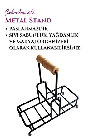 Paslanmaz Metal 2 Bölmeli Çok Amaçlı Ahşap Kulplu Stand- Sıvı Sabunluk- Yağdanlık Standı