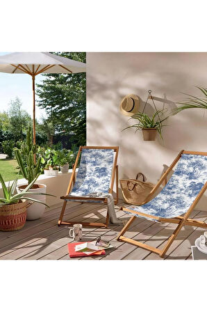 Mavi Bahçe Katlanır Şezlong (Ahşap Fırınlanmış Gürgen Ağacı, Süet Kumaş)