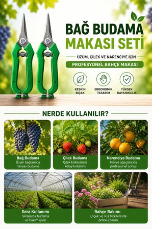 Bağ Budama Makası Seti (2’li) – Profesyonel Üzüm, Çilek ve Bahçe Makası | Keskin & Ergonomik